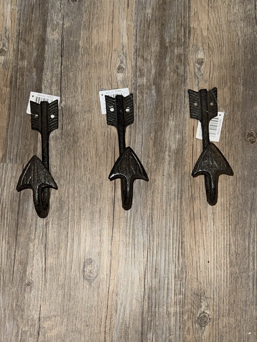 Set of 3 cast iron rustic arrow hooks